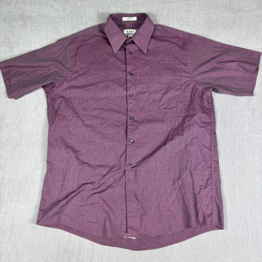 RBM Wrinkle Free Broadcloth Short Sleeve Button Up Shirt Mens 16.5 Purple Cotton